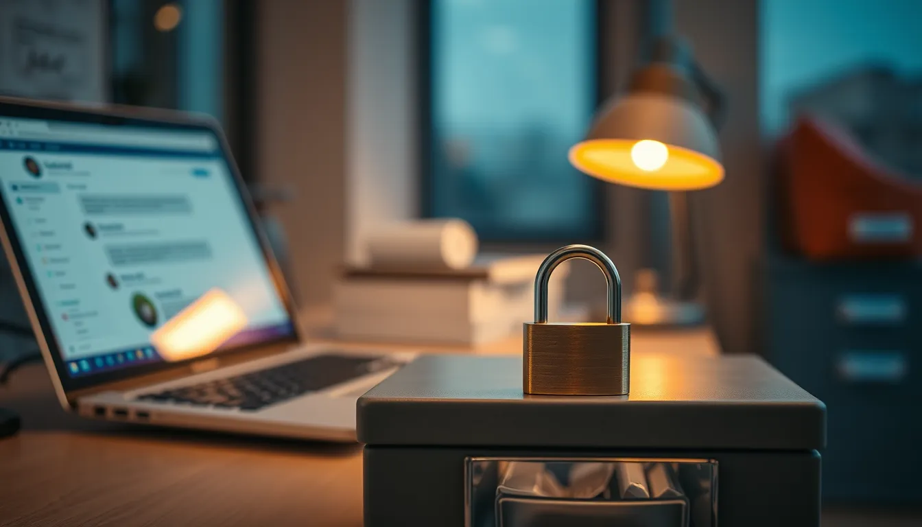 Bureau de service client vide avec ordinateur portable et cadenas fermé sur un meuble métallique