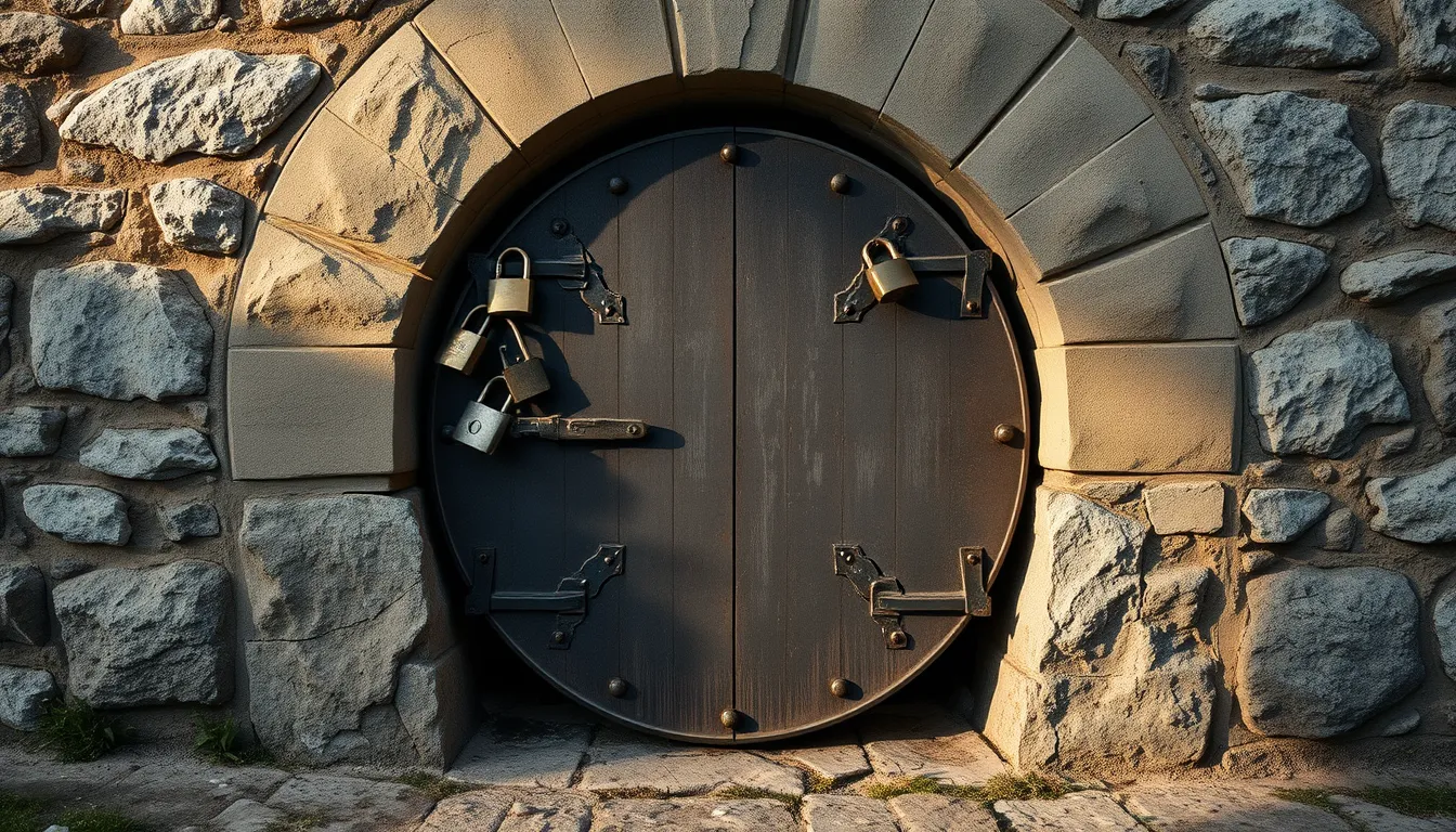 Porte métallique fermée par plusieurs cadenas dans un mur de pierre à l'aube