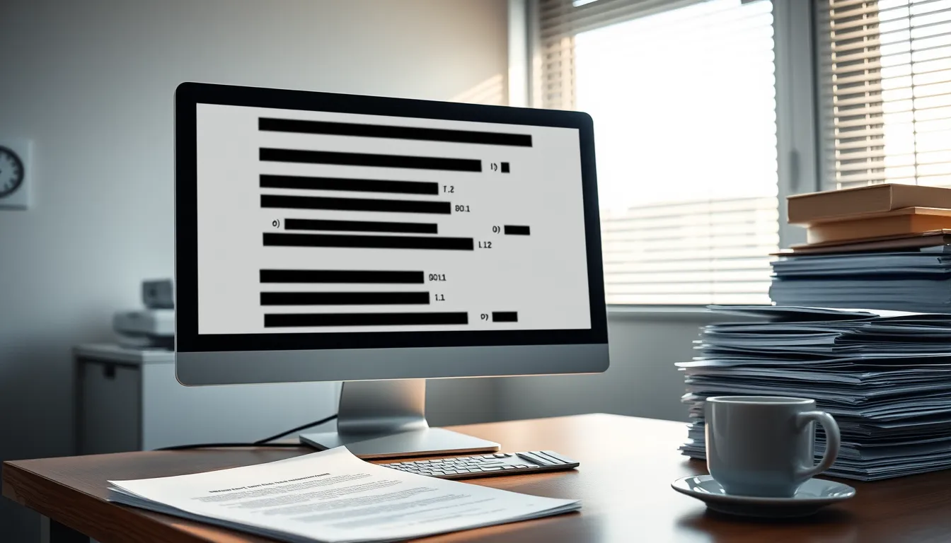 Bureau d'hôpital avec écran affichant un document partiellement masqué, dossiers papier et tasse de café