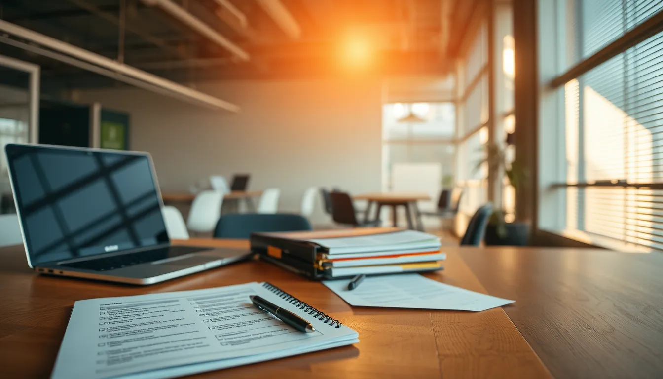 Bureau lumineux avec classeur technique, bloc-notes de vérification et stylo posés près d'une fenêtre