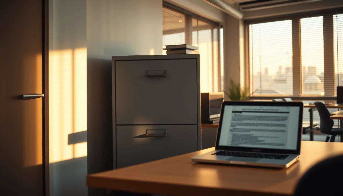 Un classeur métallique entrouvert près d'un ordinateur portable posé sur un bureau, dans un bureau calme éclairé par le soleil