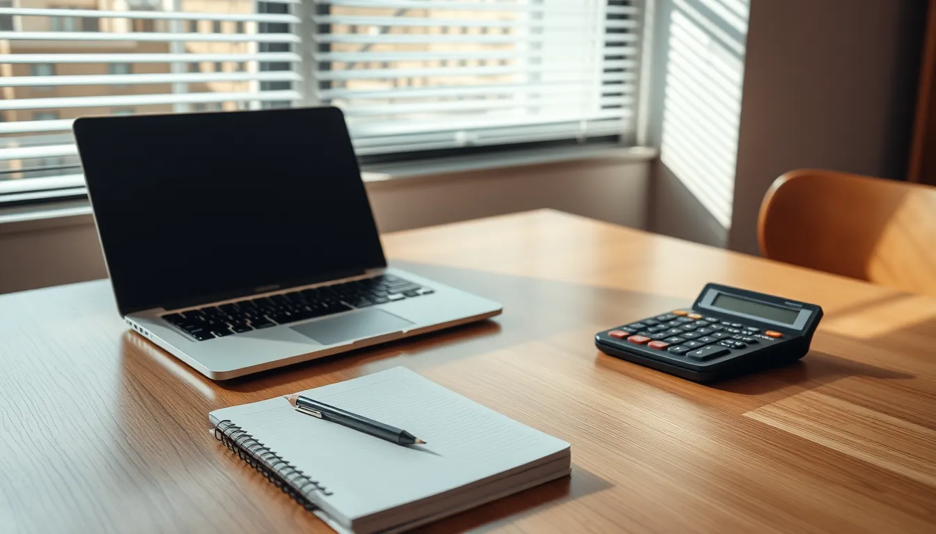 Table de bureau avec ordinateur portable, calculatrice et carnet dans la lumière du matin
